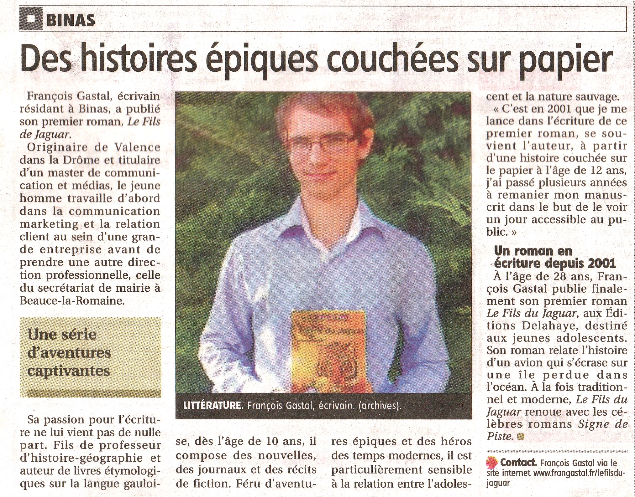 Article de presse publié dans le journal La République du Centre sur François Gastal et son roman jeunesse Le Fils du Jaguar, sorti aux éditions Delahaye